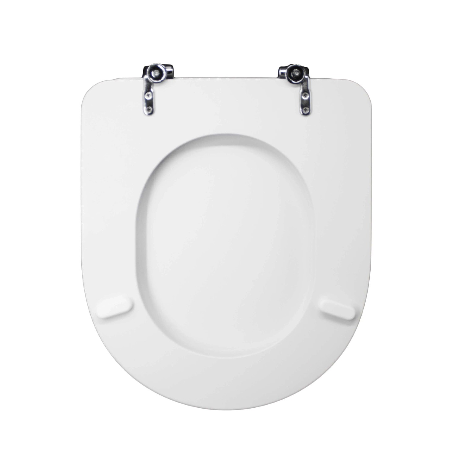 Sedile WC t.b.t. bianco con cerniere cromate, vista dall'alto.