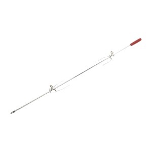 Spiedo per griglia in acciaio inox con manico in legno e clip per alimenti.