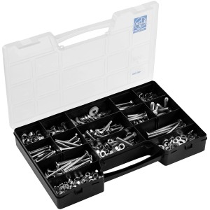Assortimento LUX di viti e dadi, 560 pezzi, in una custodia con coperchio trasparente.