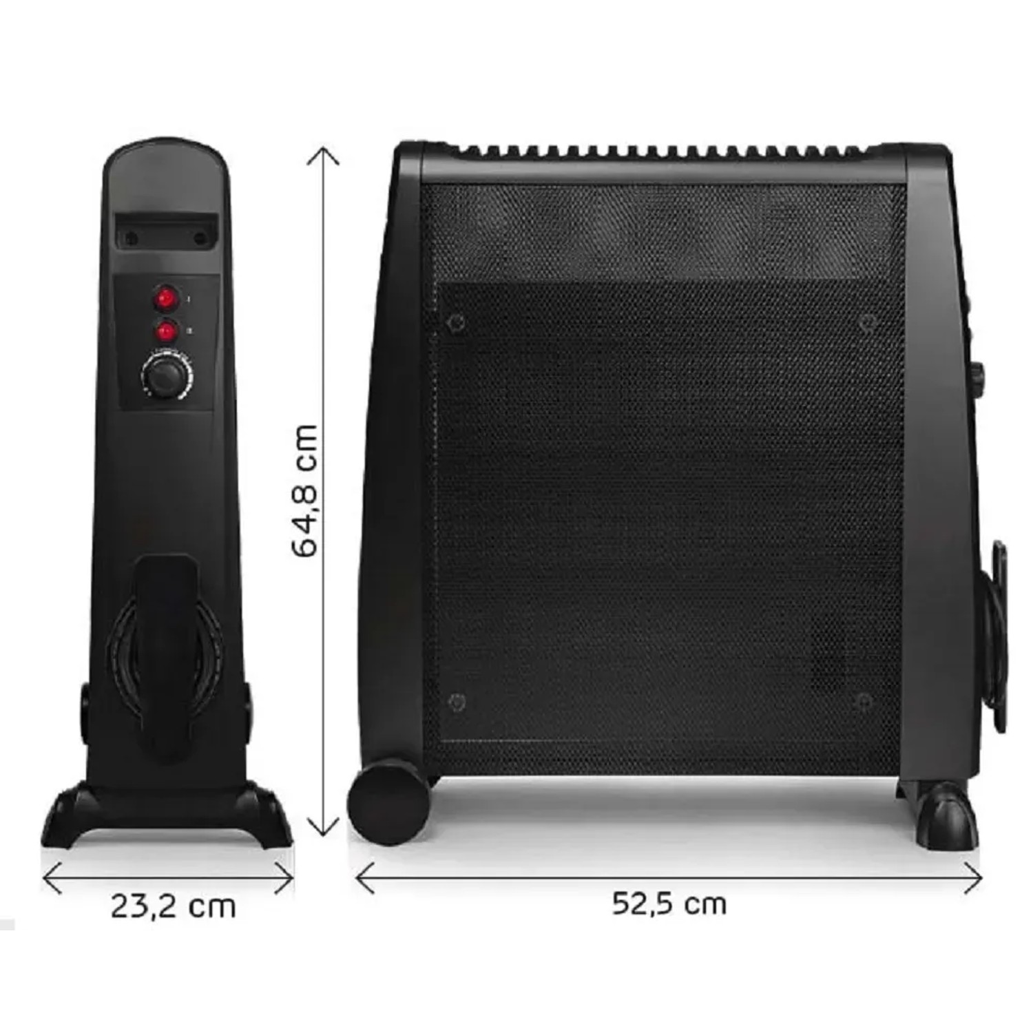 Termoventilatore elettrico t.b.t. nero compatto con ruote e comandi.