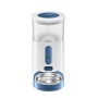 Distributore automatico di cibo per gatti, bianco/blu, con ciotola in acciaio inox.