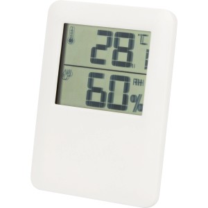 Termometro digitale bianco con indicazione di temperatura e umidità.