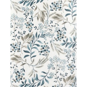 tovaglia t.b.t. con motivo floreale nei toni del blu e del grigio.