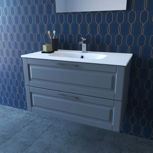 Mobile bagno grigio con due cassetti e lavabo bianco.