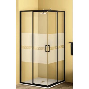 Box doccia angolare con telaio nero e vetro decorativo.