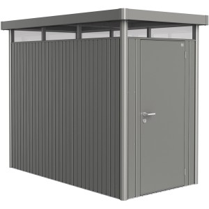 Casetta da giardino in metallo Biohort HighLine grigio quarzo metallizzato con porta standard.