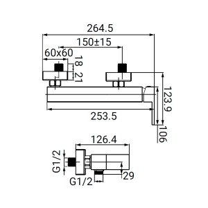 Disegno tecnico del rubinetto doccia t.b.t. con dimensioni.