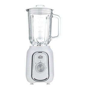 Frullatore t.b.t. bianco con caraffa in vetro per la cucina.