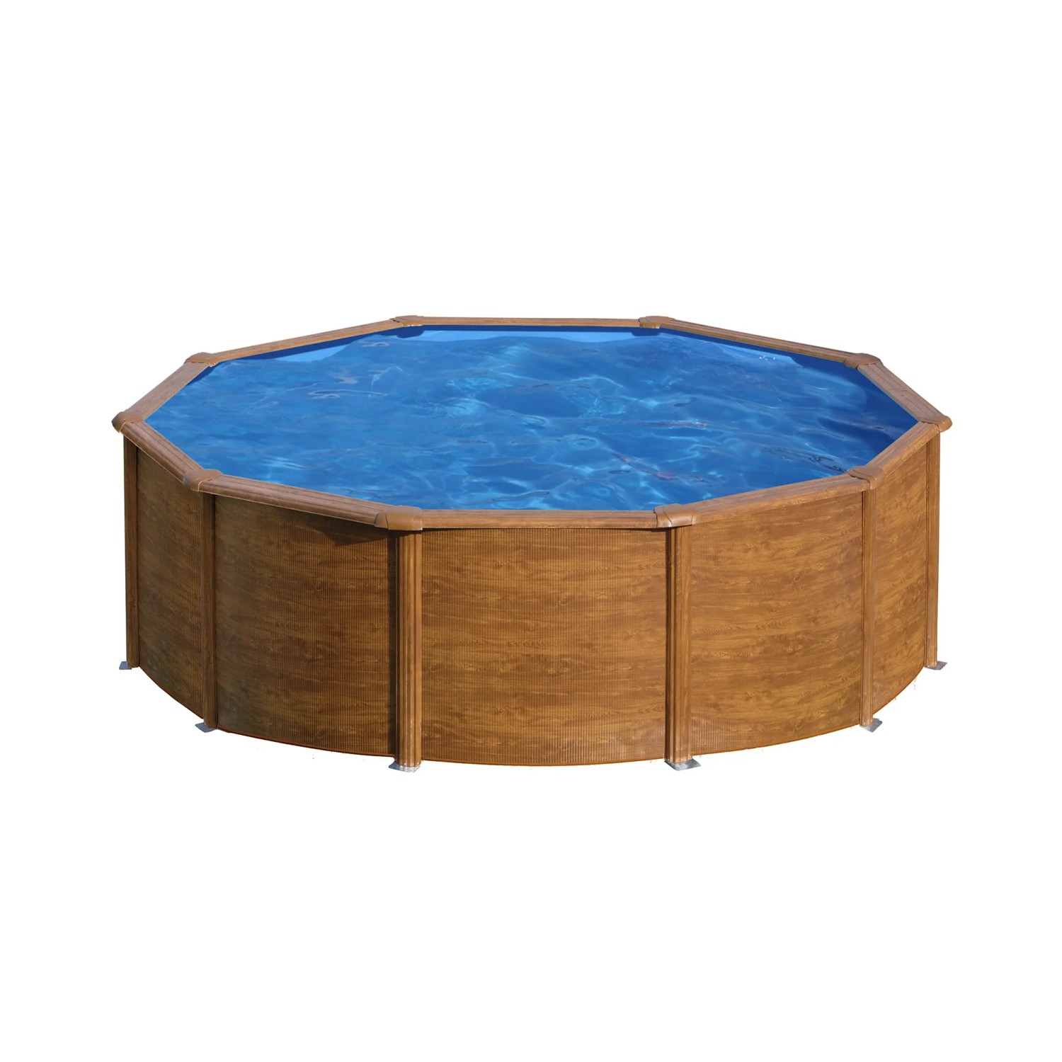 Piscina rotonda Gre Pool Sicilia effetto legno, Ø 350 cm, piscina con pareti in acciaio e acqua blu.