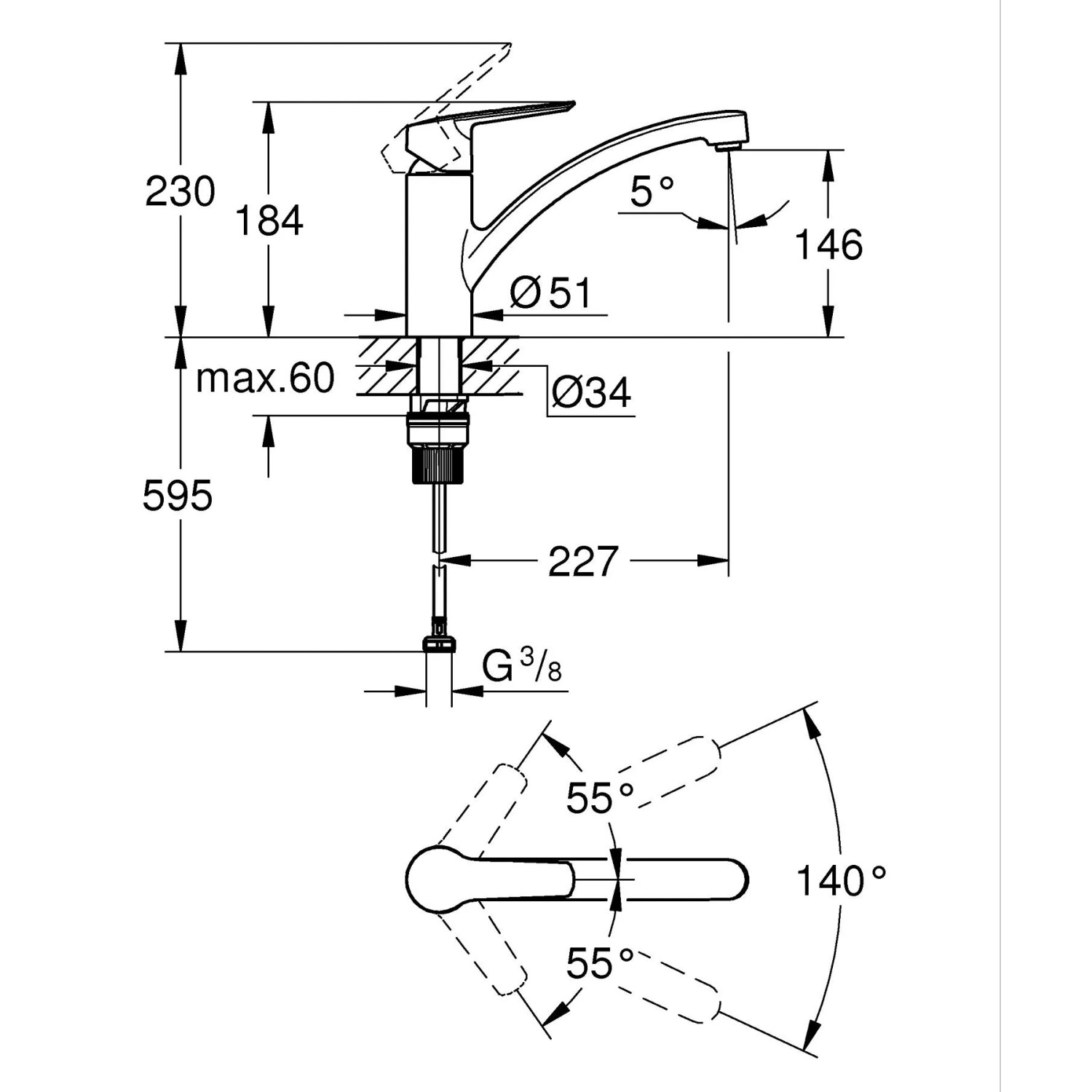 Disegno tecnico del miscelatore da cucina nero Grohe QuickFix Start con dimensioni.