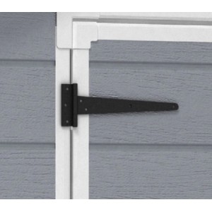 Dettaglio: cerniera a T nera sulla casetta da giardino Keter Manor 65DD grigio-bianca.