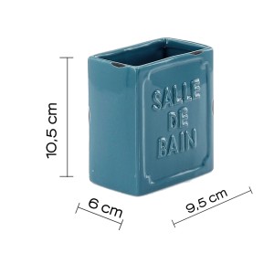 Portaspazzolino blu t.b.t. con scritta "Salle de Bain", dimensioni indicate.
