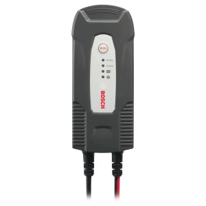Caricabatterie Bosch per impianti elettrici auto, grigio, con indicatore di carica.