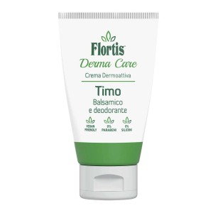 Crema Flortis Derma Care, Timo Balsamico, per la protezione dalle zanzare. Tubo bianco e verde.