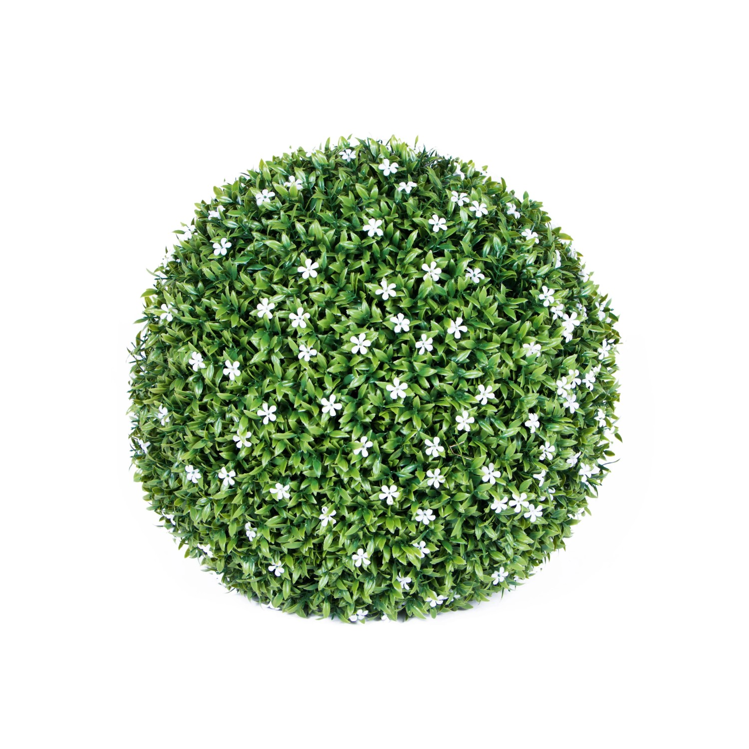 Palla decorativa verde con piccoli fiori bianchi per il giardino.