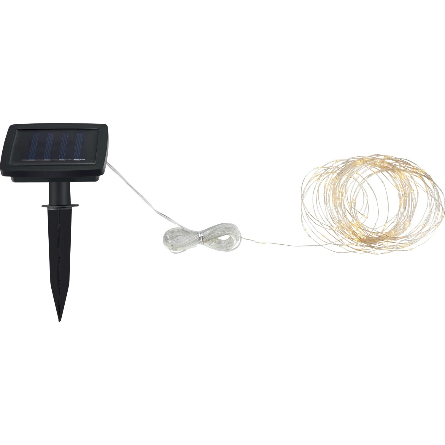 Catena luminosa solare Longo 11,9 m con LED bianco caldo e pannello solare con picchetto.