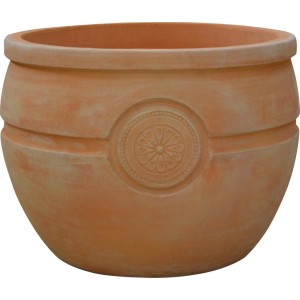 Vaso da fiori rotondo in terracotta con decoro floreale per il giardino.