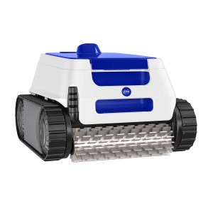 Robot pulitore per piscina Gre ER230, bianco/blu, con spazzole e trazione a cingoli.