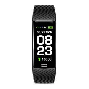 Fitness tracker t.b.t. nero con display che mostra ora, data e passi.