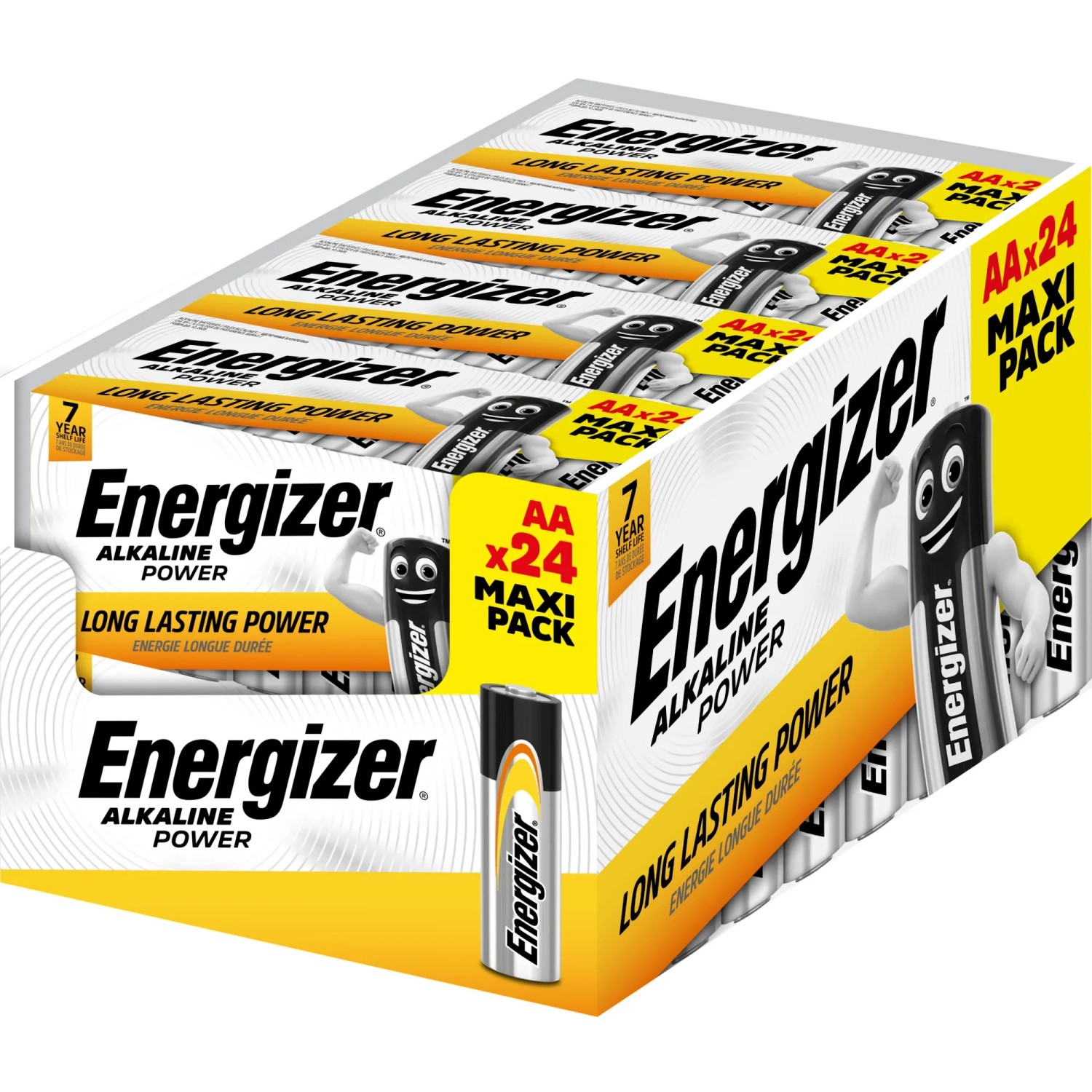 Energizer Alkaline Power AA batterie, confezione da 24 in scatola di carta.