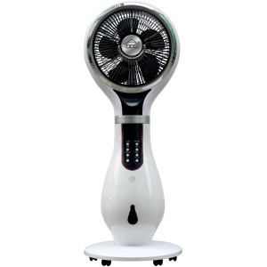 Ventilatore bianco moderno con dettagli argentati.
