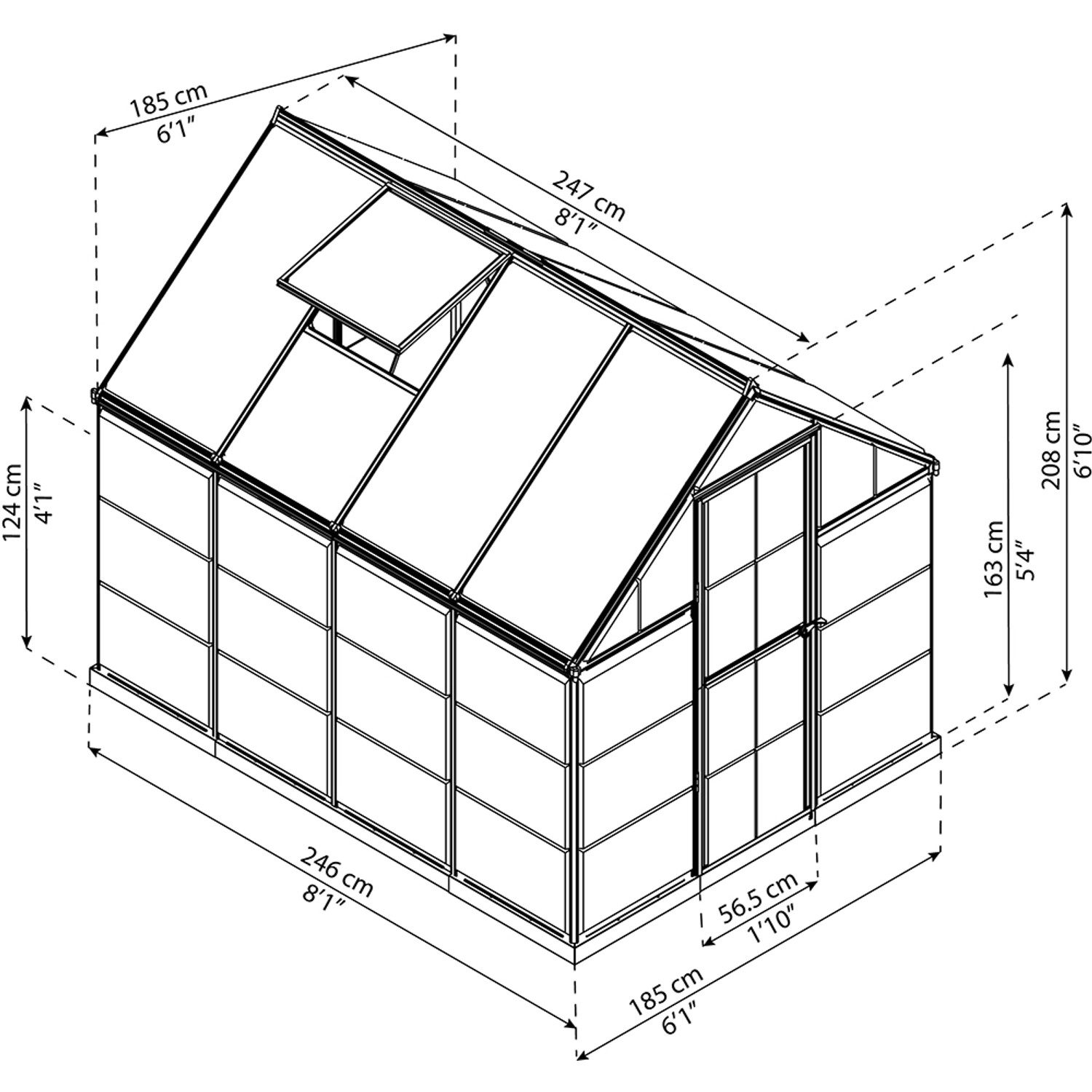 Disegno tecnico: serra Palram Canopia Hybrid 2.5 x 1.9 m, dimensioni e dettagli.