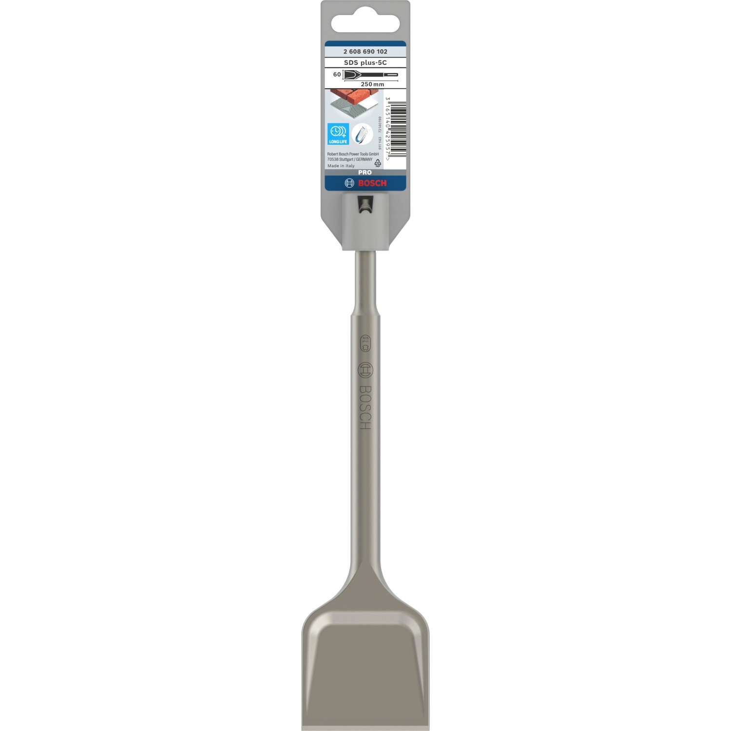 Scalpello a spatola Bosch SDS plus, 250 mm, per rimuovere intonaco e residui di cemento.