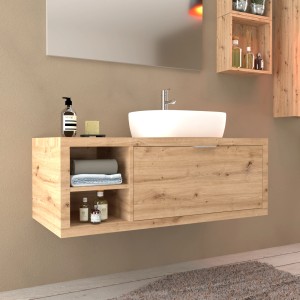 Set di mobili da bagno moderni con lavabo, mobile sottolavabo effetto legno e specchio. Design elegante per il bagno.