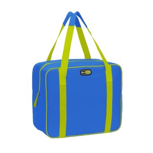 Borsa da campeggio blu con dettagli verdi per attrezzatura da campeggio.