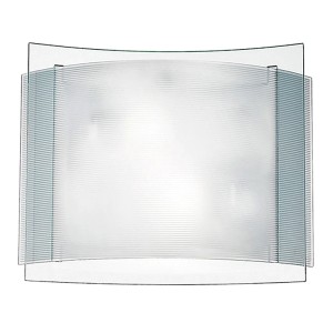 Plafoniere moderna con vetro curvo a righe orizzontali e cornice in vetro trasparente.
