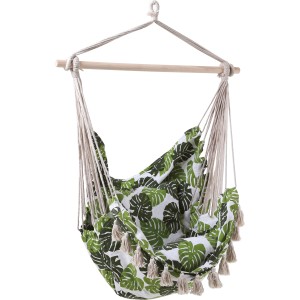 Sedia sospesa Lytton con motivo a foglie, barra in legno naturale, comoda seduta per il giardino.