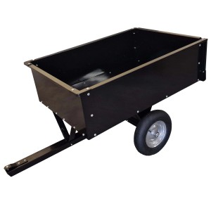 Rimorchio nero per trattorino tagliaerba con una ruota.