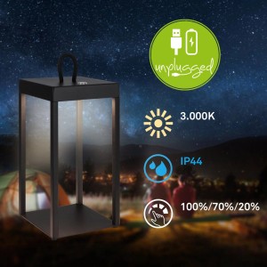Lanterna LED nera Brilo Luca, dimmerabile, IP44 resistente agli spruzzi, per tavolo e outdoor.