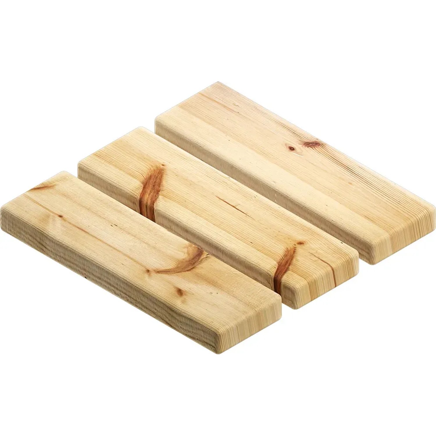 Tre assi di legno piallato di colore chiaro con nodi, adatte per finiture interne.