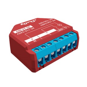 Modulo relè Shelly Plus 1PM rosso per domotica, dettaglio dei collegamenti.