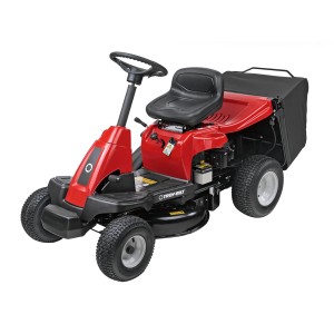 Tosaerba rider Troy-Bilt Mini-Rider 60T-R rosso con scarico posteriore e cesto di raccolta.