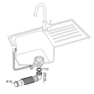 Schizzo di un lavello con sifone e raccordo di scarico. Esempio di installazione.