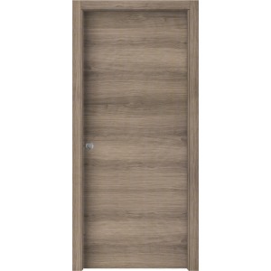 Porta interna color legno con superficie liscia e maniglia color argento.