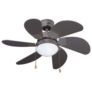 Ventilatore da soffitto marrone con luce e sei pale.