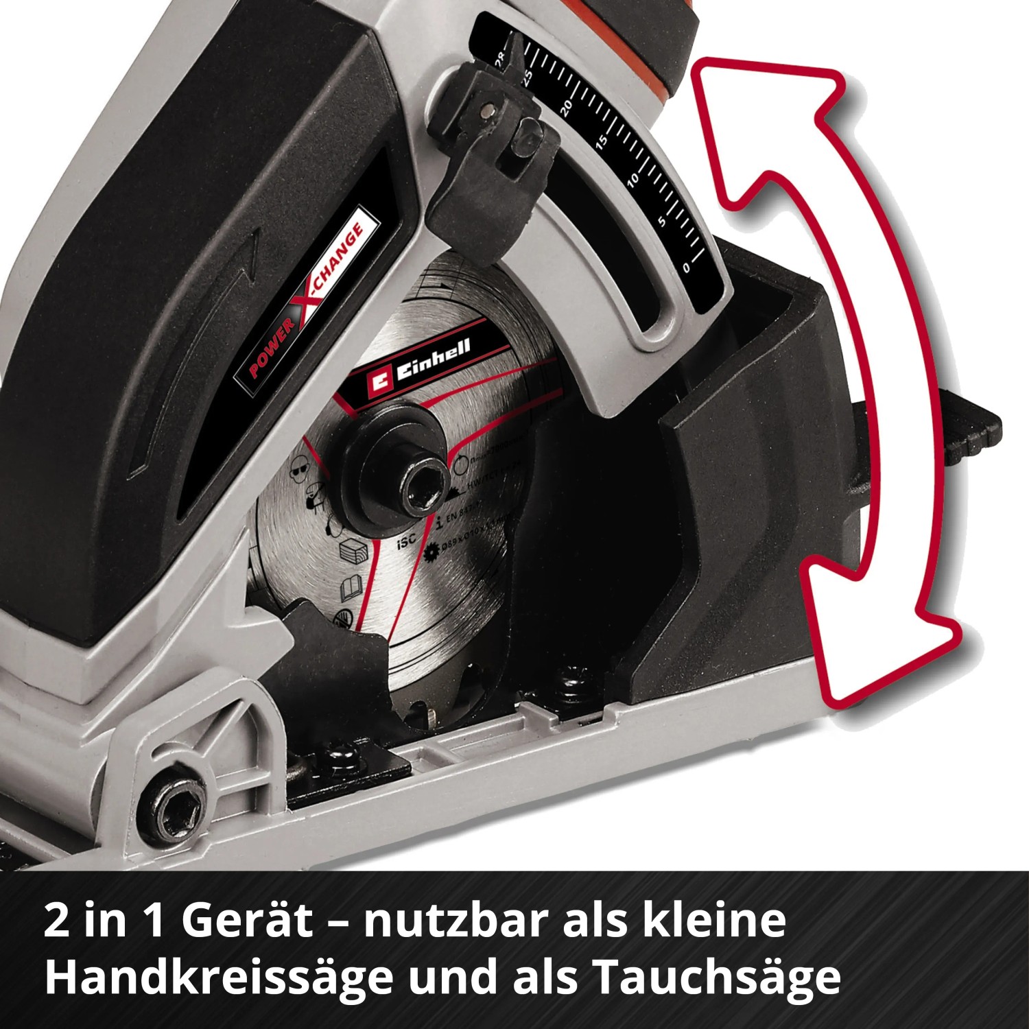 Mini sega circolare a batteria Einhell Power X-Change TE-CS 18/89 Li Solo, lama visibile.