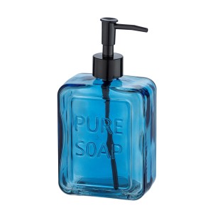 Dispenser sapone in vetro blu con pompa nera per bagno e cucina.