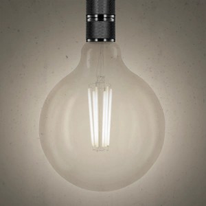Lampadina LED E27 decorativa con vetro trasparente e filamento.