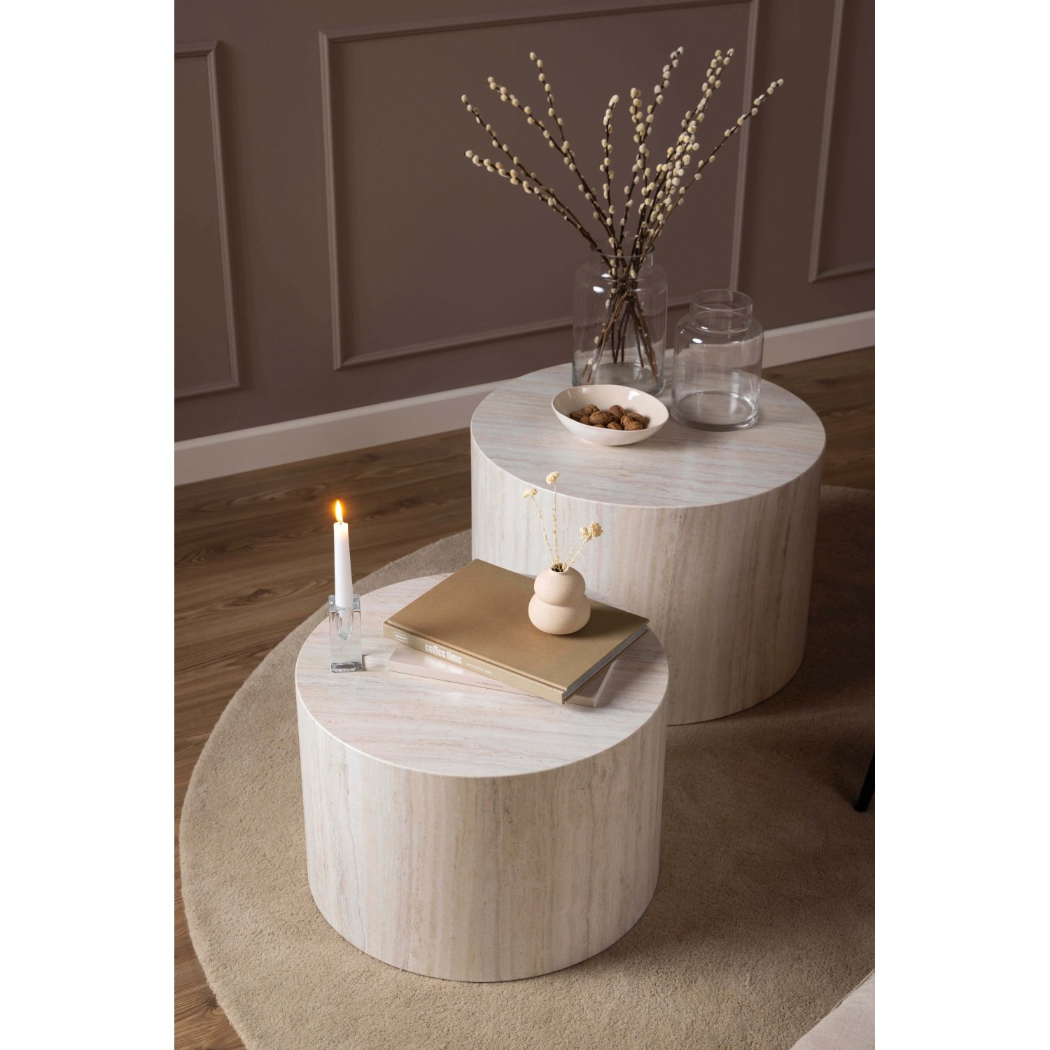 Set 2 tavolini da salotto legno Motrik effetto travertino beige tondo h40 cm_4