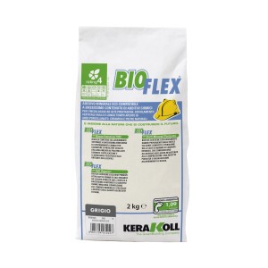 Adesivo per piastrelle BioFlex, sacco grigio con informazioni sul prodotto.