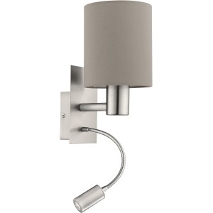 Lampada da parete a LED Eglo Maserlo nickel-taupe con paralume in tessuto e braccio lettura flessibile.