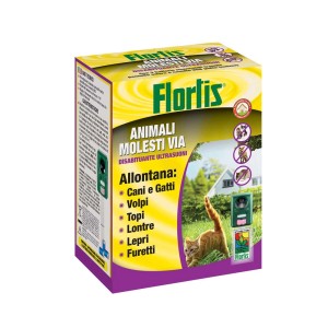 Confezione del repellente per animali a ultrasuoni Flortis per la cura del giardino. Allontana cani, gatti e altri animali.