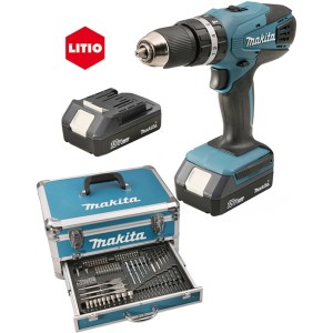 Set avvitatore a batteria Makita con batteria, caricabatterie e accessori in valigetta.