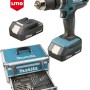 Set avvitatore a batteria Makita con batteria, caricabatterie e accessori in valigetta.