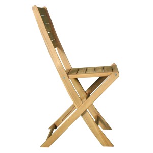 Sedia da giardino pieghevole in legno, vista laterale. Ideale per terrazza e giardino.
