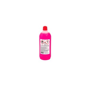 Flacone di detergente rosa con etichette di avvertimento. Detergente per varie superfici.